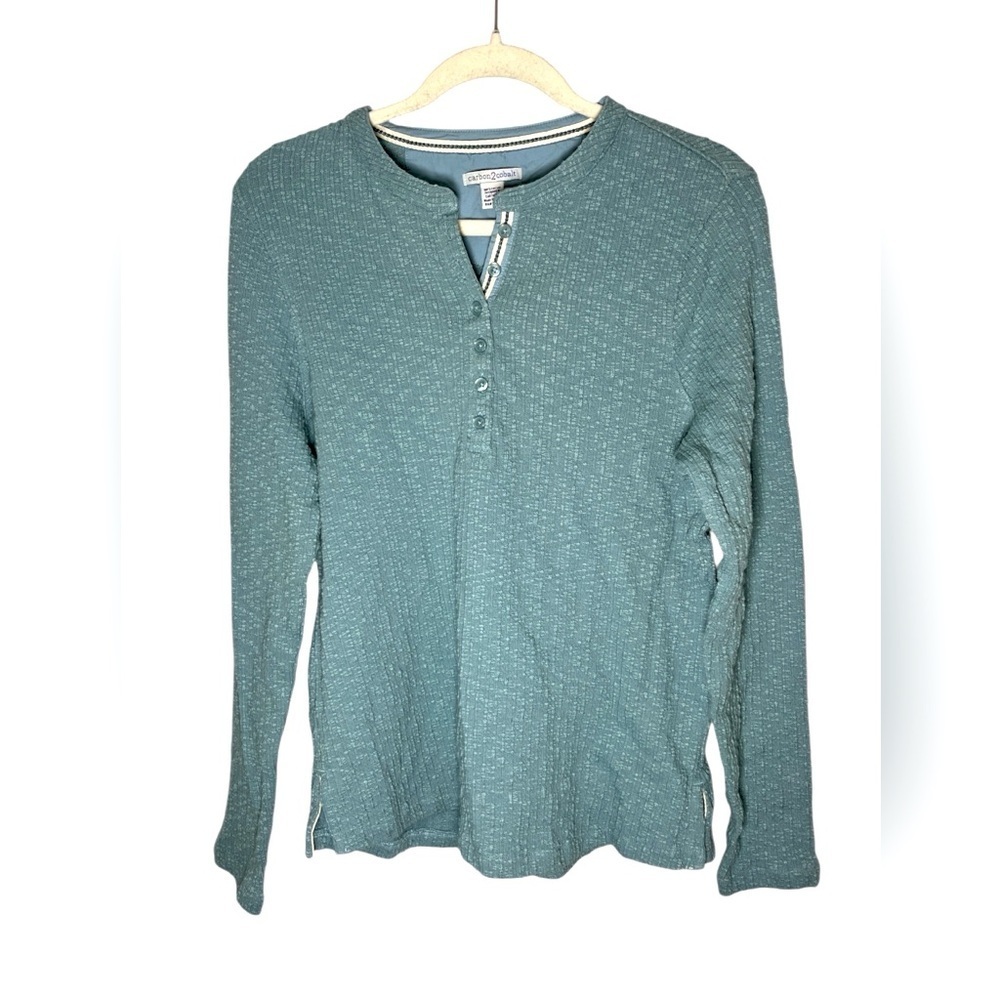 Carbon 2 Cobalt Cotton Ribbed Textured Henley Blue Long Sleeve Shirt Small